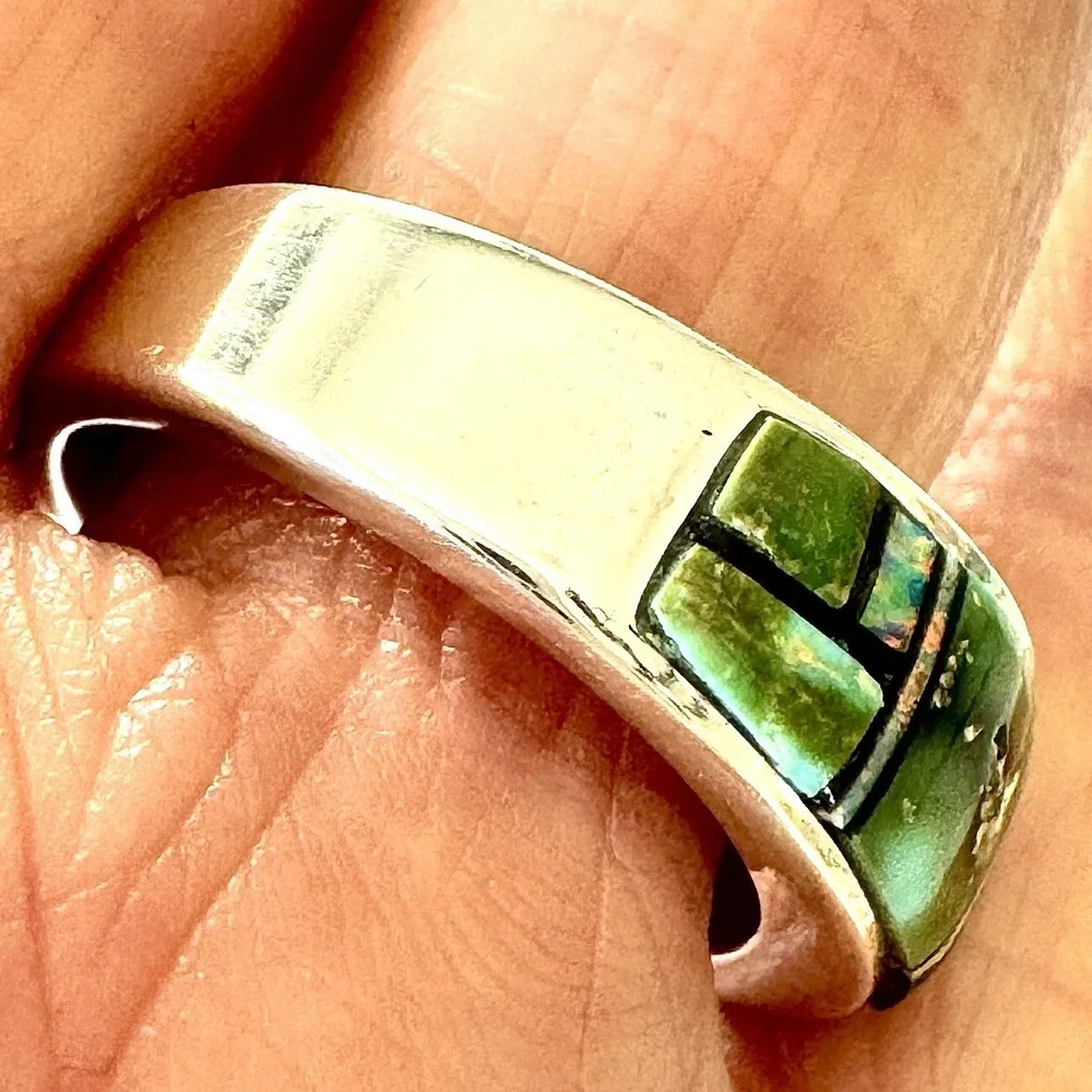 Navajo‎ Inlay Sonoran Turquoise Opal Wedding Band Sz 9 9mm Ring Mens AT